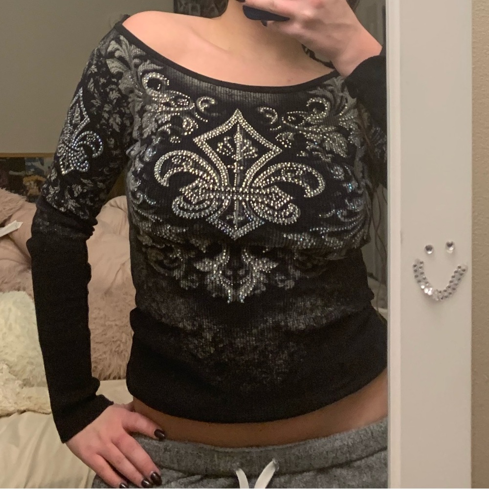 Y2K long sleeve rhinestone studded knit tshirt